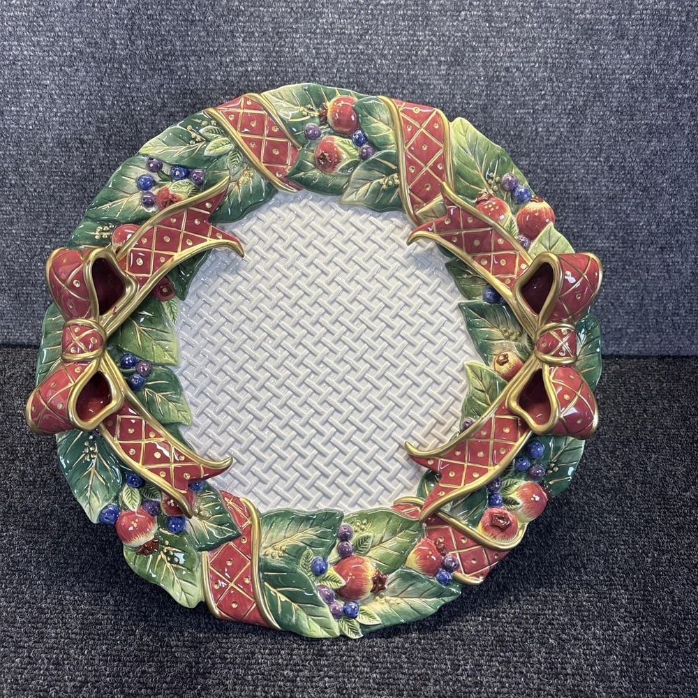 Vtg~Fitz and Floyd Essentials Holiday Wreath Round Platter Basketweave/Wall Deco